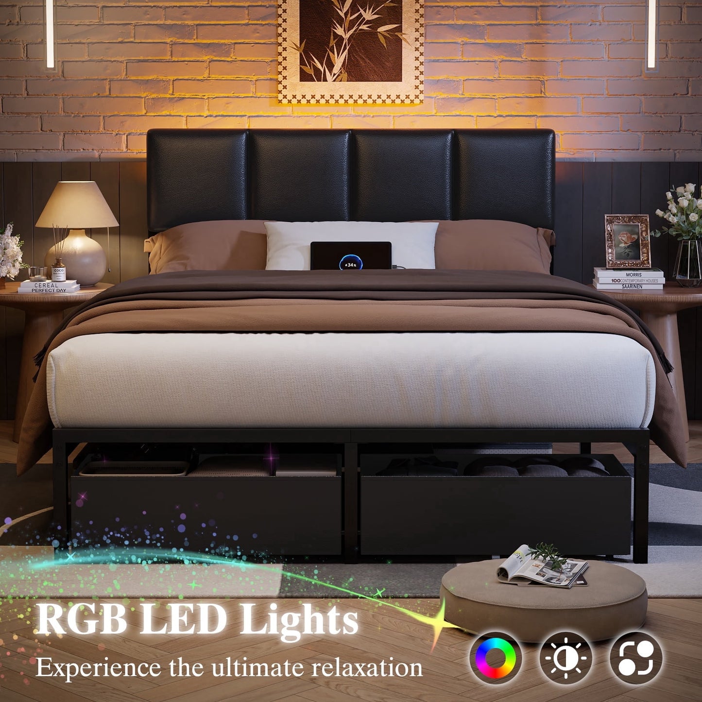 Satifur Full Size Upholstered Headboard Metal Bed Frame with LED Lights, 2 Drawers, Charging Station
