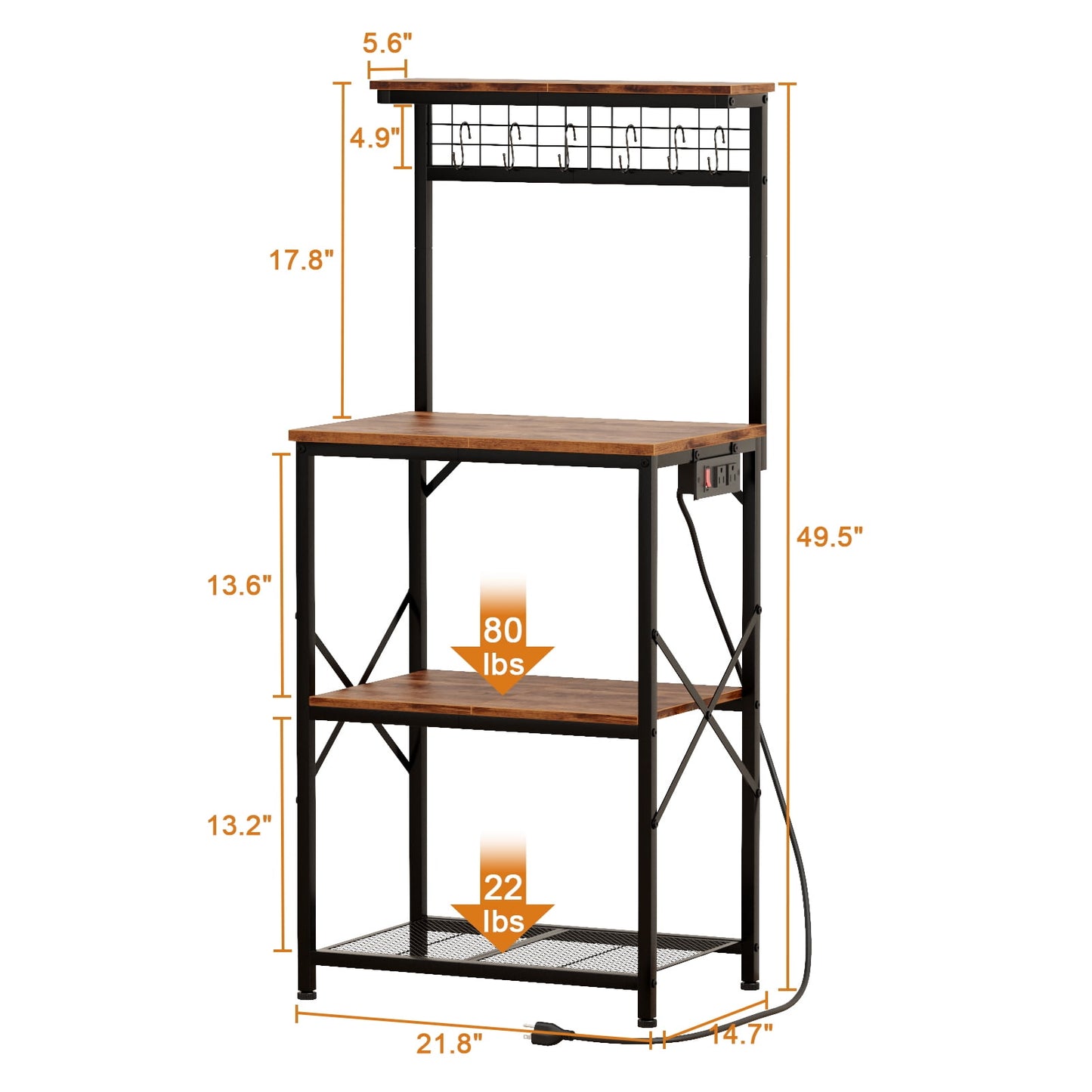 TYDIMOR Kitchen Bakers Rack with Outlets, Coffee Bar Table 4 Tiers Microwave Stand, Brown