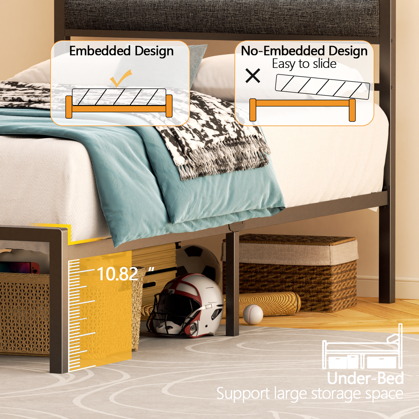 Satifur Twin Size Bed Frame with Upholstered Headboard & Shelf, LED Lights & USB Charging Station, Metal Black