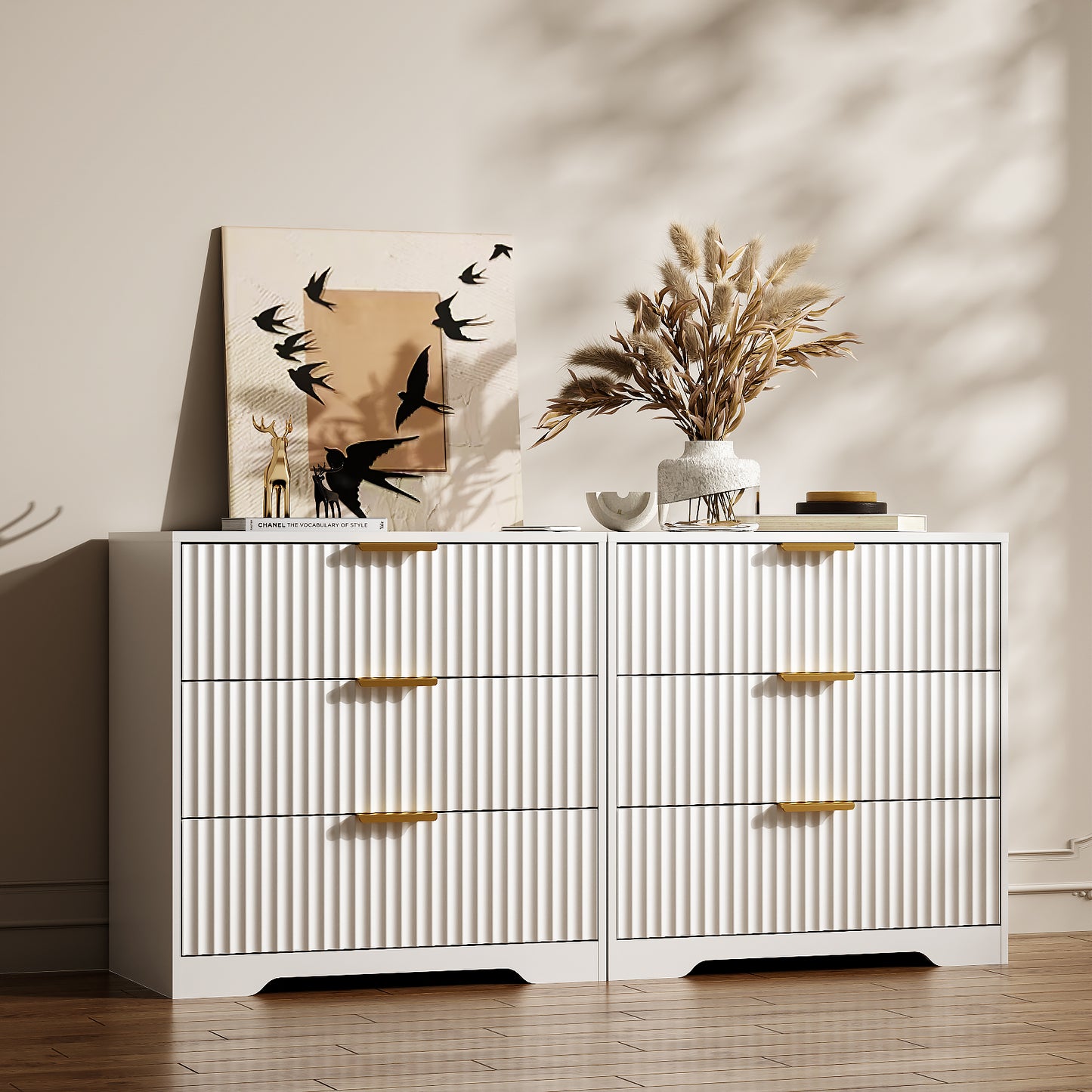 Tydimor Modern Nightstand with 3 Wooden Drawers, Bedside Table for Living Room, White,Set of two