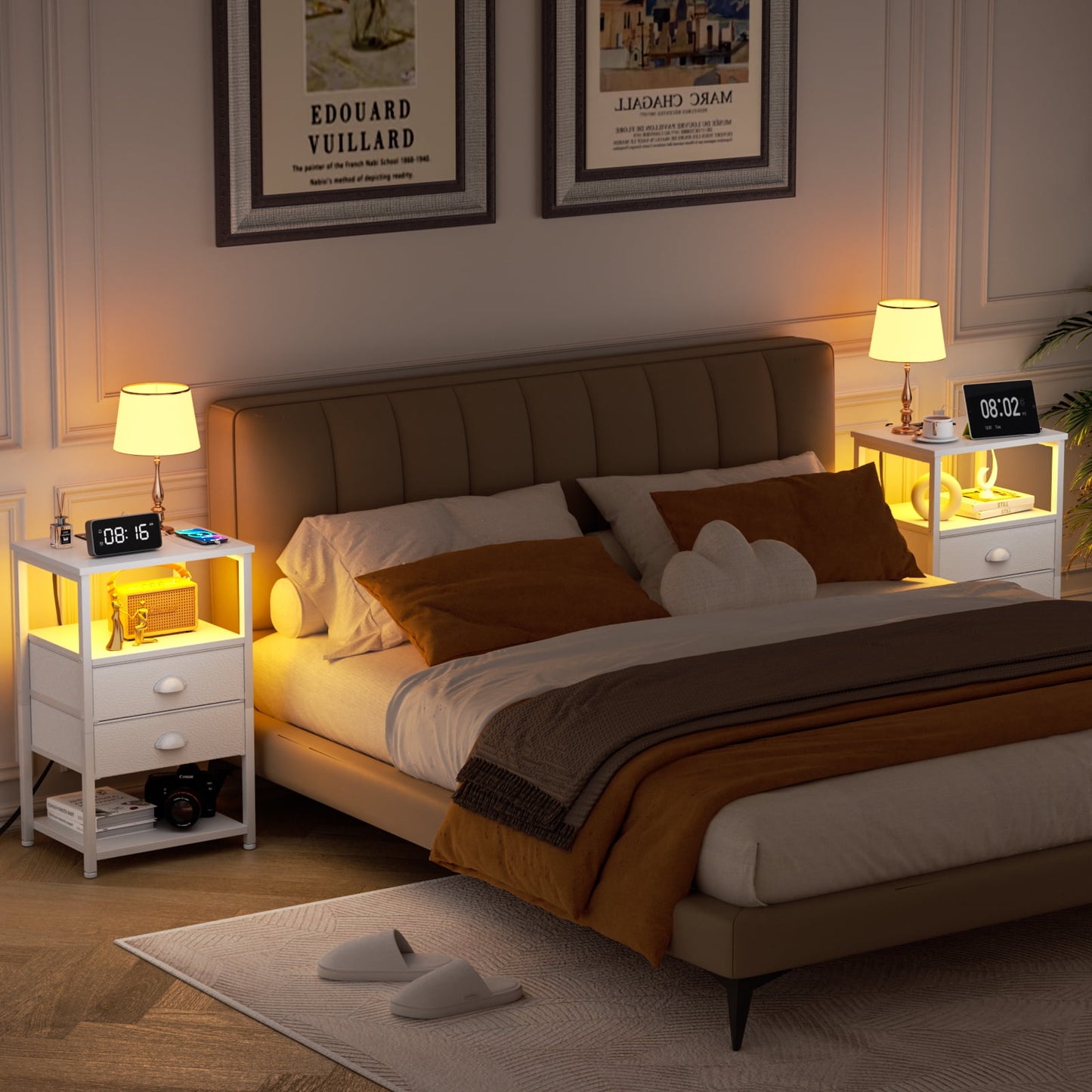 Satifur Side Table with Light, Charging Station, White Nighstand for Bedroom, Living Room