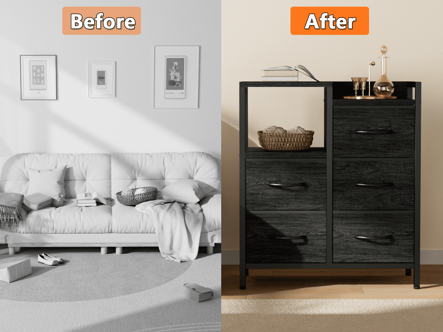 TYDIMOR 5 Drawer Fabric Dresser for Bedroom, Black Oak Chest for Closet & Living Room, Ideal for Adults