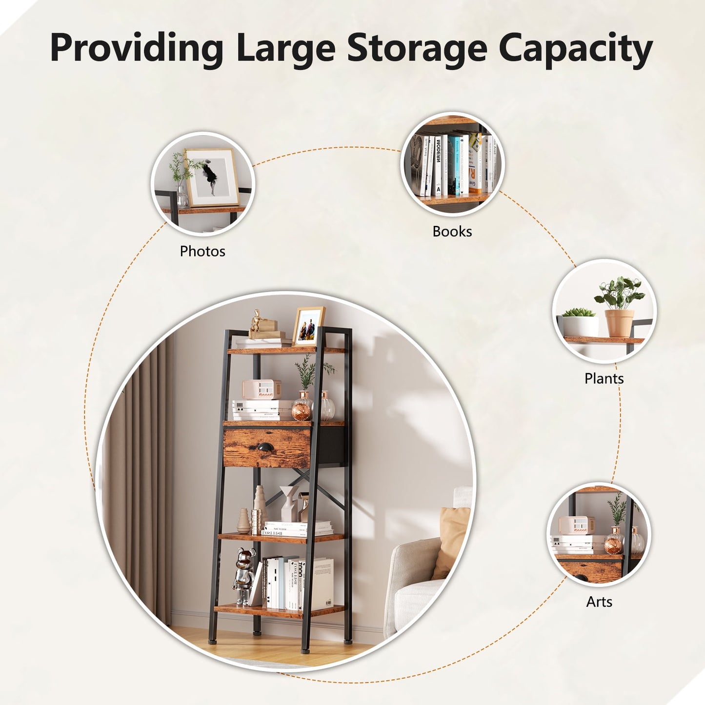Tydimor 4-Tier 47.6"H Ladder Bookshelf with Removable Drawers Narrow Bookcase for Living Room,Rustic Brown
