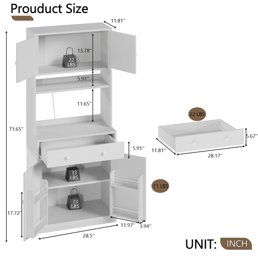 TYDIMOR 72'' Kitchen Pantry Storage Cabinet with Doors & Shelves, Wood Buffet Cabinet with Microwave Stand, Tall Hutch Cabinet for Dining Room, White
