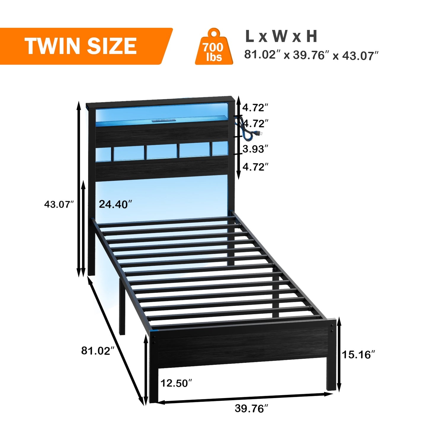 Satifur Twin Size Bed Frame with Upholstered Storage Headboard and LED Light, Platform Bed with Metal Slats, Noise Free Design