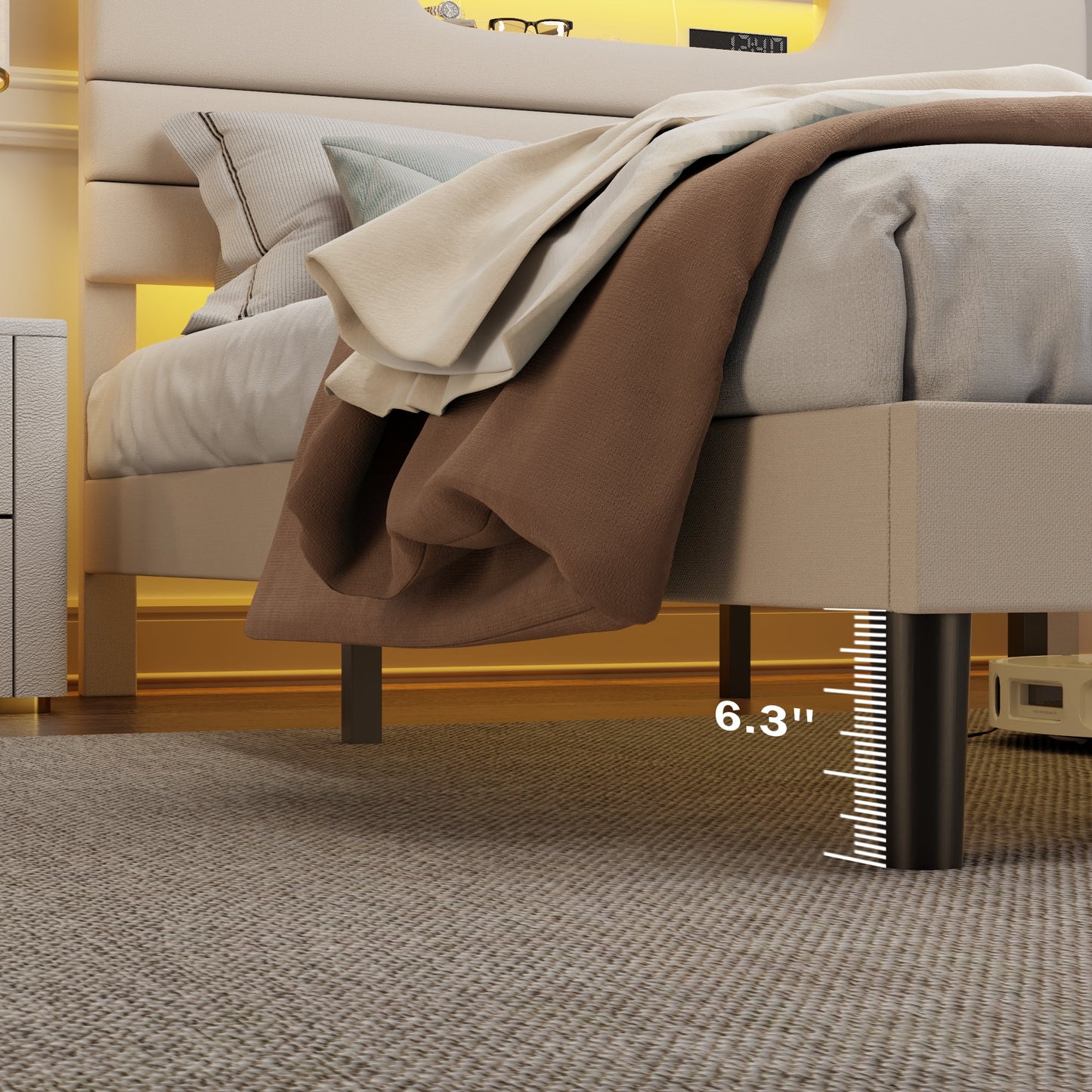 Tydimor Beige Fine Linen Fabric Bed Frame with Upholstered Headboard & Charge Station, Queen Size Bed Frame with LED Lights, No Box Spring Needed