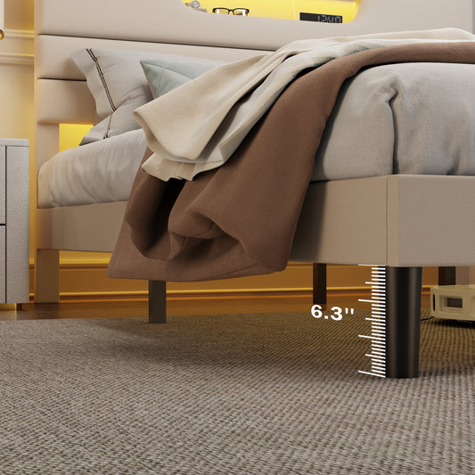 Tydimor Beige Fine Linen Fabric Bed Frame with Upholstered Headboard & Charge Station, King Size Bed Frame with LED Lights, No Box Spring Needed