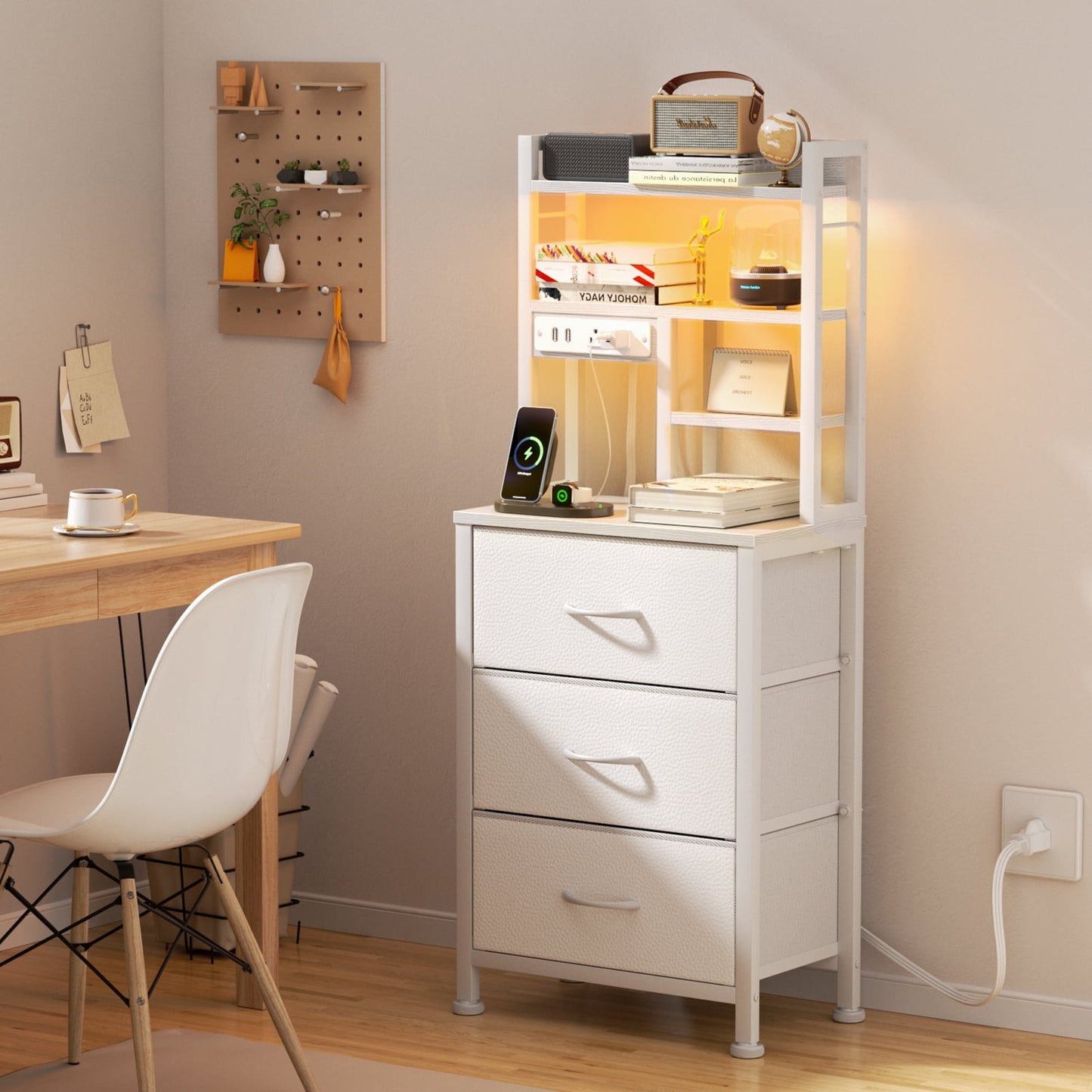 Satifur Tall Nightstand with Charging Station and LED Lights, Bedside Table with Drawers and Bookshelf, Whit