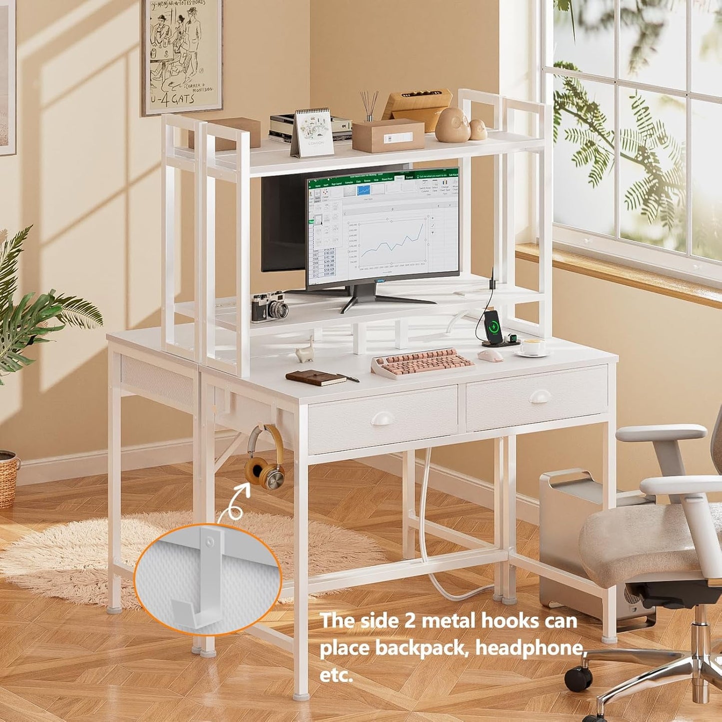 Furologee Small White Computer Desk with Power Outlet and 2 Fabric Drawers, Gaming Desk with LED Light, Home Office Desk with Monitor Stand and Hutch, Study Table with Shelf