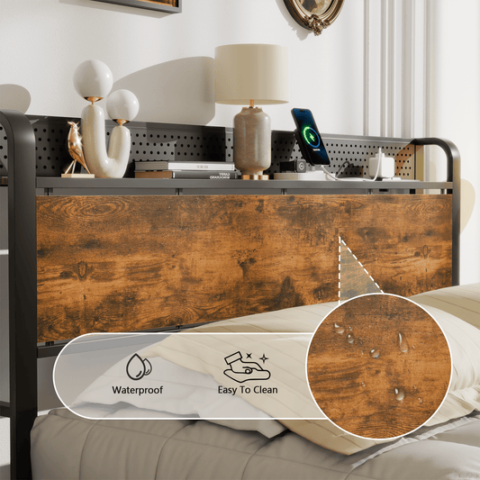 Satifur Queen Bed Frame with Headboard & Footboard, LED Storage Shelf, Rustic Vintage Wood, No Box Spring Needed