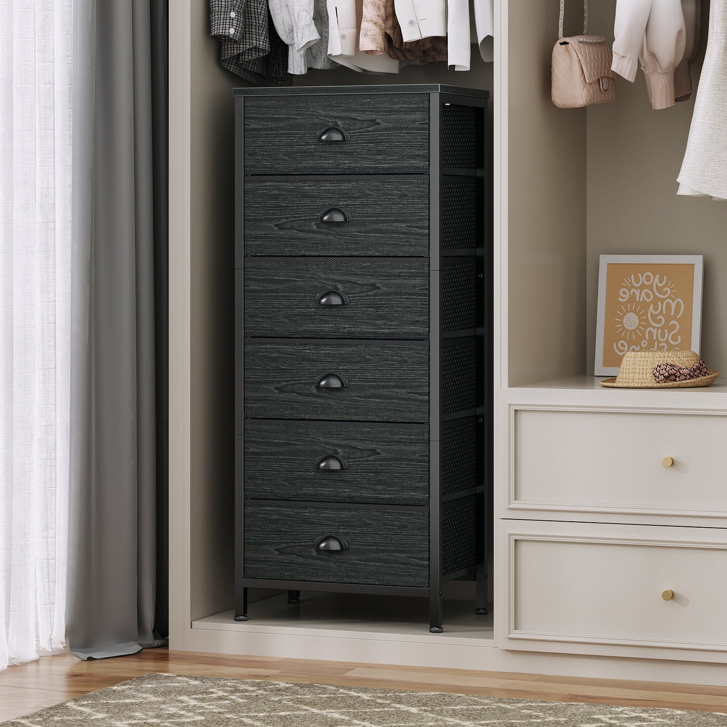 Tydimor 6 Drawer Dresser,Chest of Drawers for Bedroom Tall Fabric Dresser,Black Oak