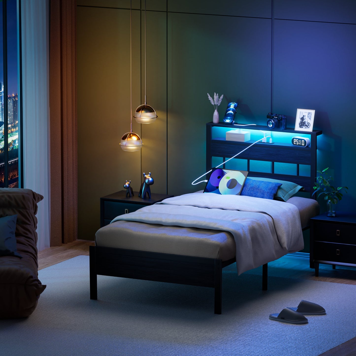 Satifur Twin Size Bed Frame with Upholstered Storage Headboard and LED Light, Platform Bed with Metal Slats, Noise Free Design