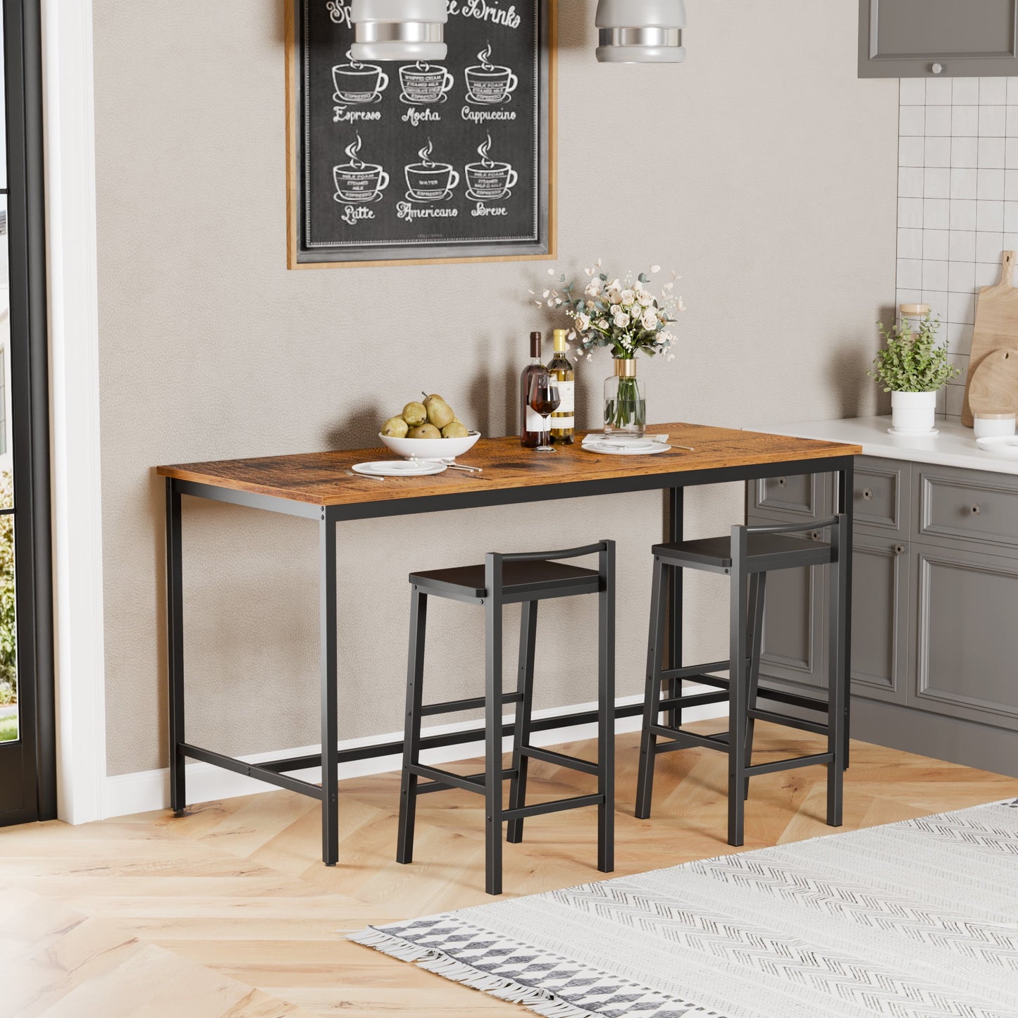 TYDIMOR Bar Stools, Set of 2 Bar Chairs, 24 Inch Saddle Stools, Kitchen Counter Stools with Footrests, Industrial Stools for Dining Room, Kitchen, Counter, Bar, Rustic Brown and Black