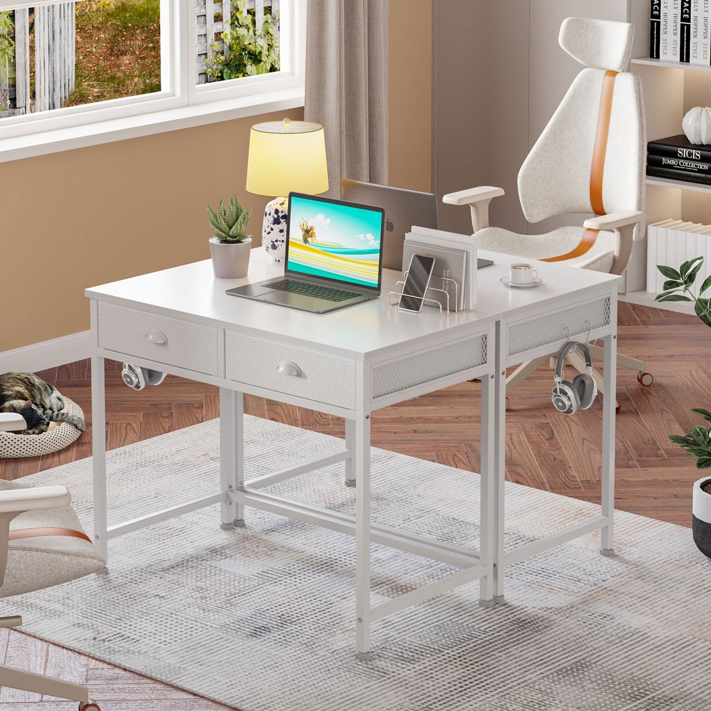 Furologee Computer Desk with 2 Fabric Drawers, Home Office Writing Desk, Vanity Desk with Hooks, Study Desk for Small Spaces, Makeup Dressing Table, White