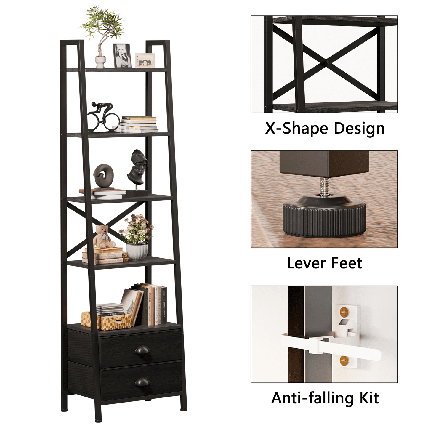Tydimor 5-Tier 64"H Industrial Bookshelf with 2 Removable Drawers Narrow Bookcase for Living Room,Black Oak