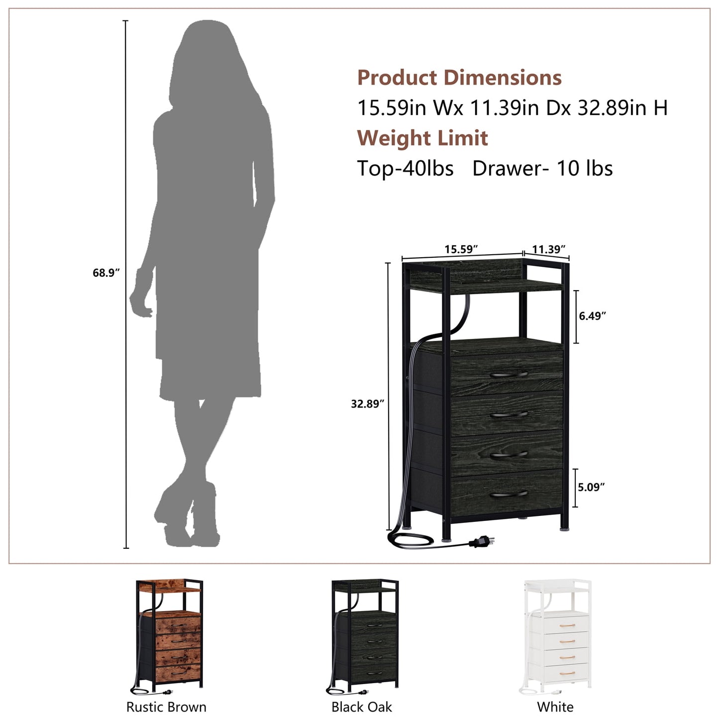 TYDIMOR 4 Drawers Vertical Dresser Bedroom Living Room Fabric Storage Tower Organizer, Black Oak