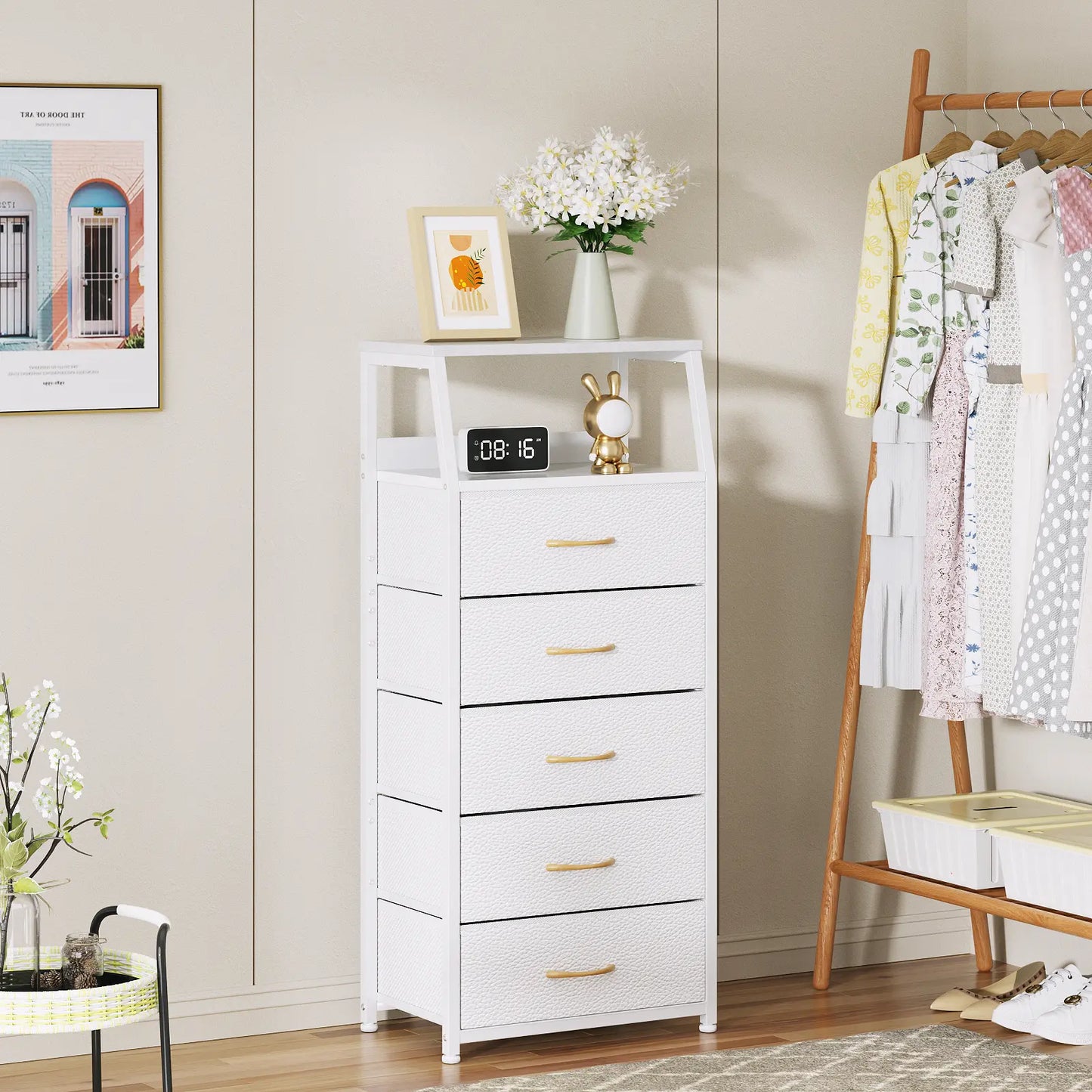 TYDIMOR Fabric Dresser for Bedroom, 5 Drawer Chest of Drawers, White, Ideal for Adults