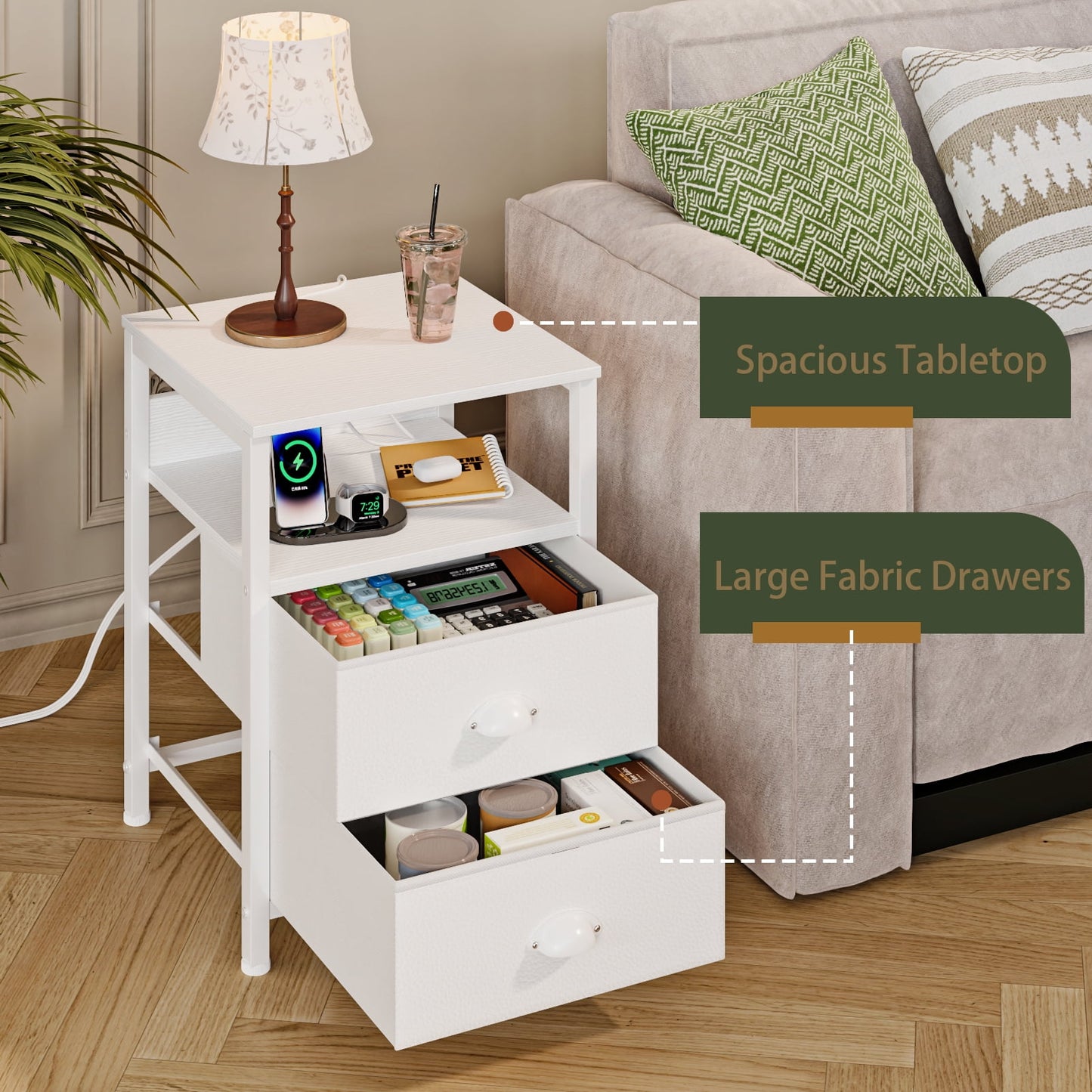 Satifur Night Stand Set of 2 with Charging Station,LED Nightstand with Fabric Drawers Bed Side Table,White
