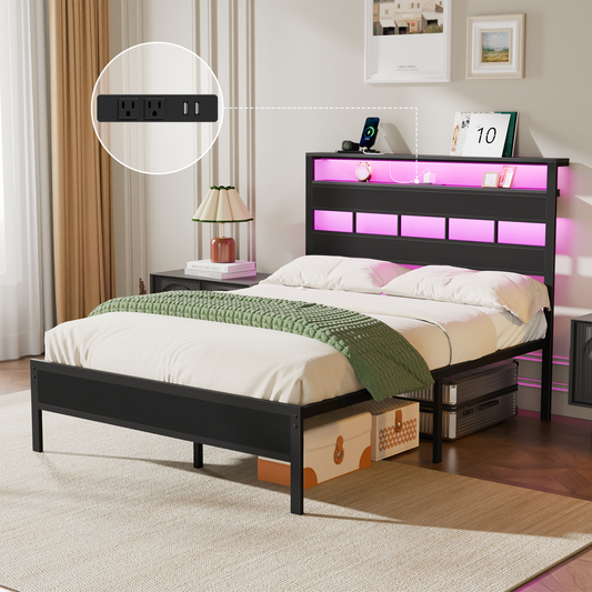 Tydimor Bed Frames Full No Sound with Storage Underbed & Headboard, Cama Full Size Bed Frame with Lights, Niose Free