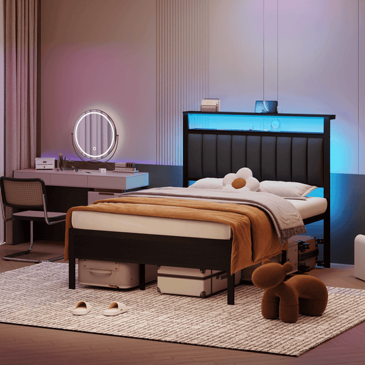 Tydimor Electric Full Size Platforrm Bed Frames with Charging Station, LED Standard Storage Space Bed for Bedroom, No Box Spring Needed