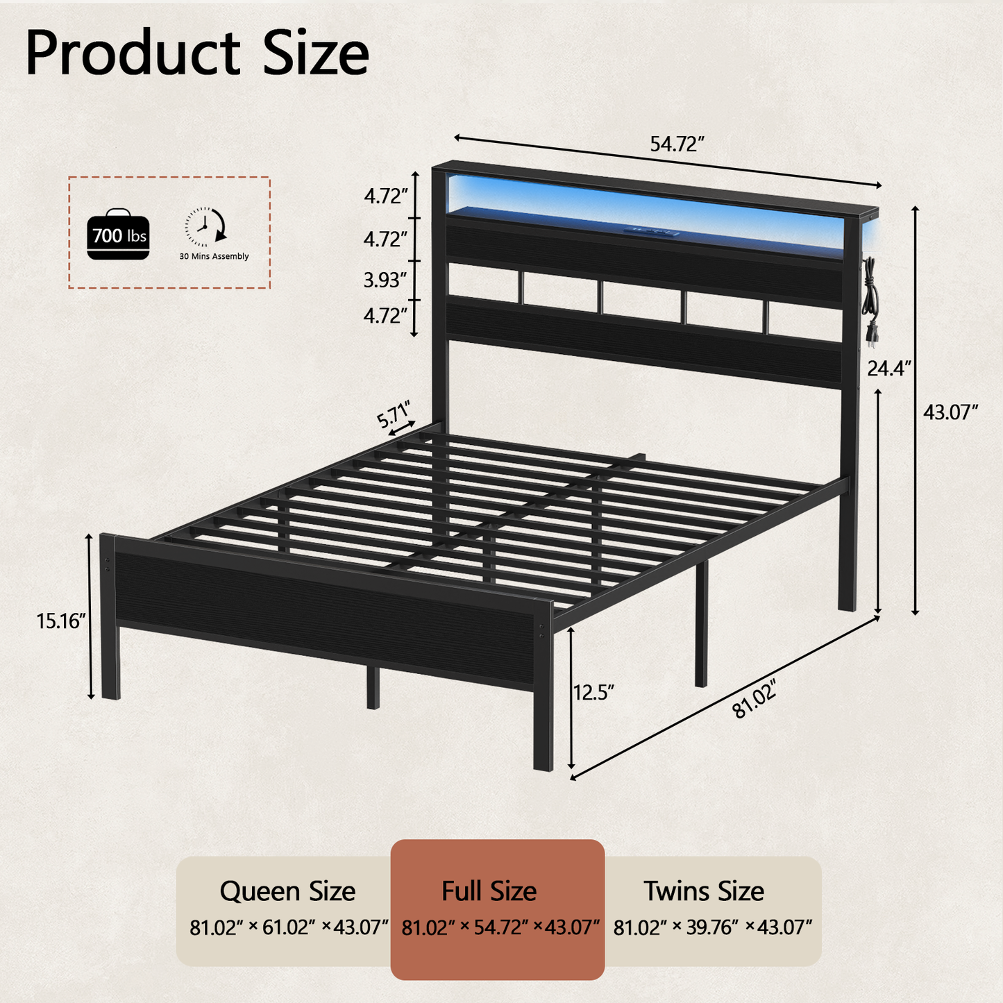 Tydimor Bed Frames Full No Sound with Storage Underbed & Headboard, Cama Full Size Bed Frame with Lights, Niose Free