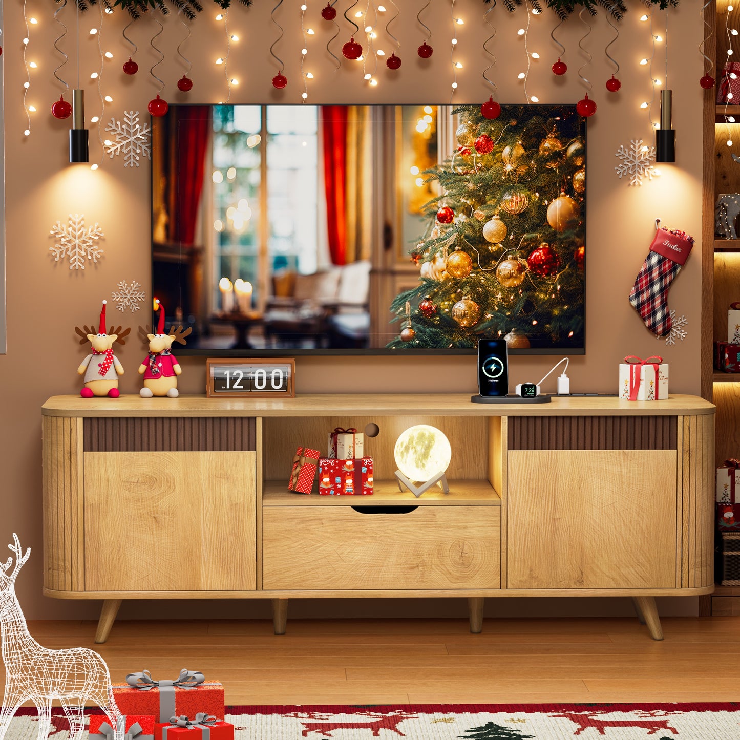 Tydimor TV Stands with Power Outlets, Entertainment Center Dresser for Living Room, Media Console Table with 2 Cabinets & 1 Drawer, Natural