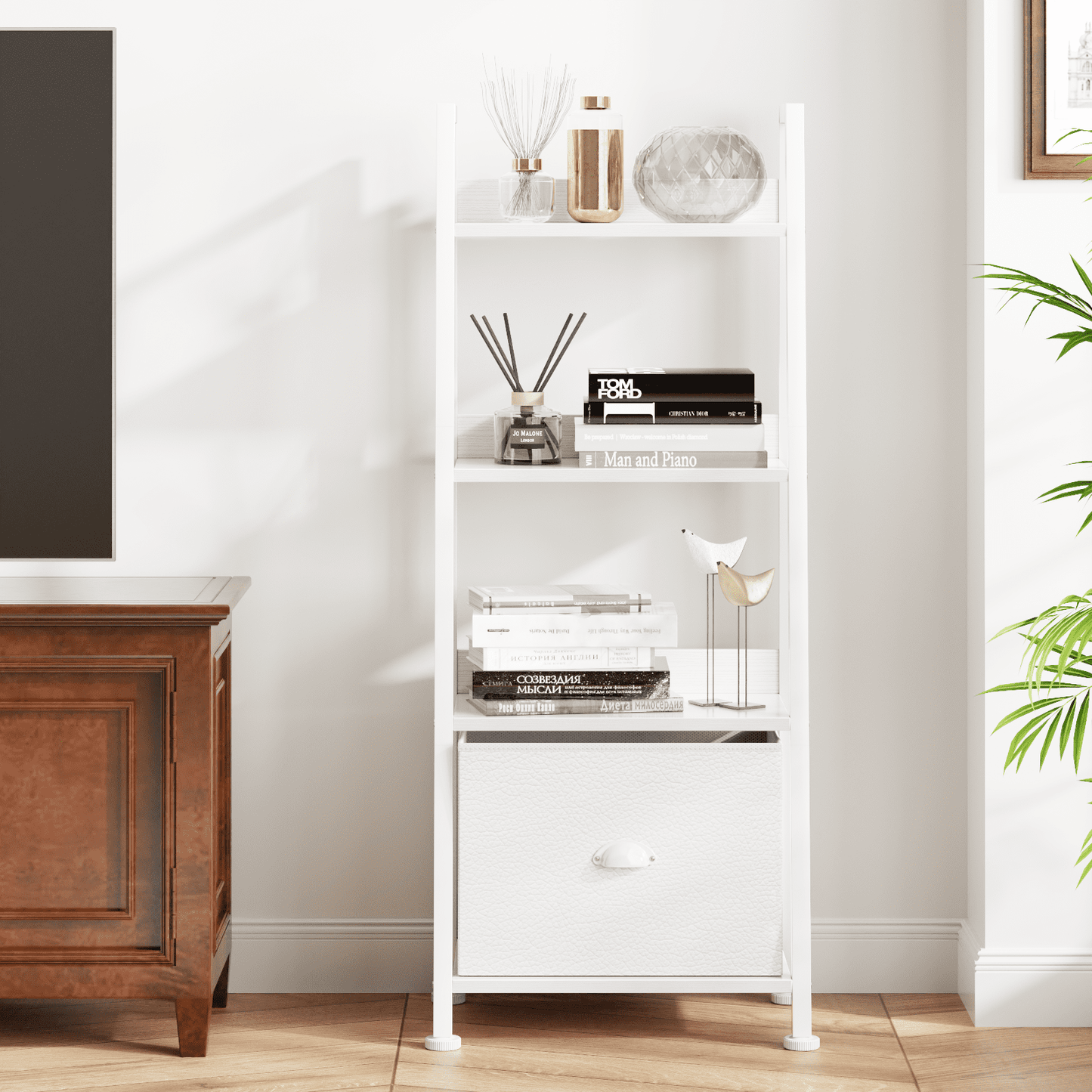 Tydimor 4-Tier Ladder Bookshelf With Drawer, Leaning Bookcase Storage Display Shelf, White