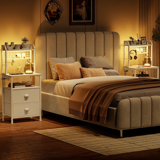 Satifur Tall Nightstand with Hutch, Charging Station, Pegboard & Drawers,Multifunctional Bedside Table with USB Ports,White