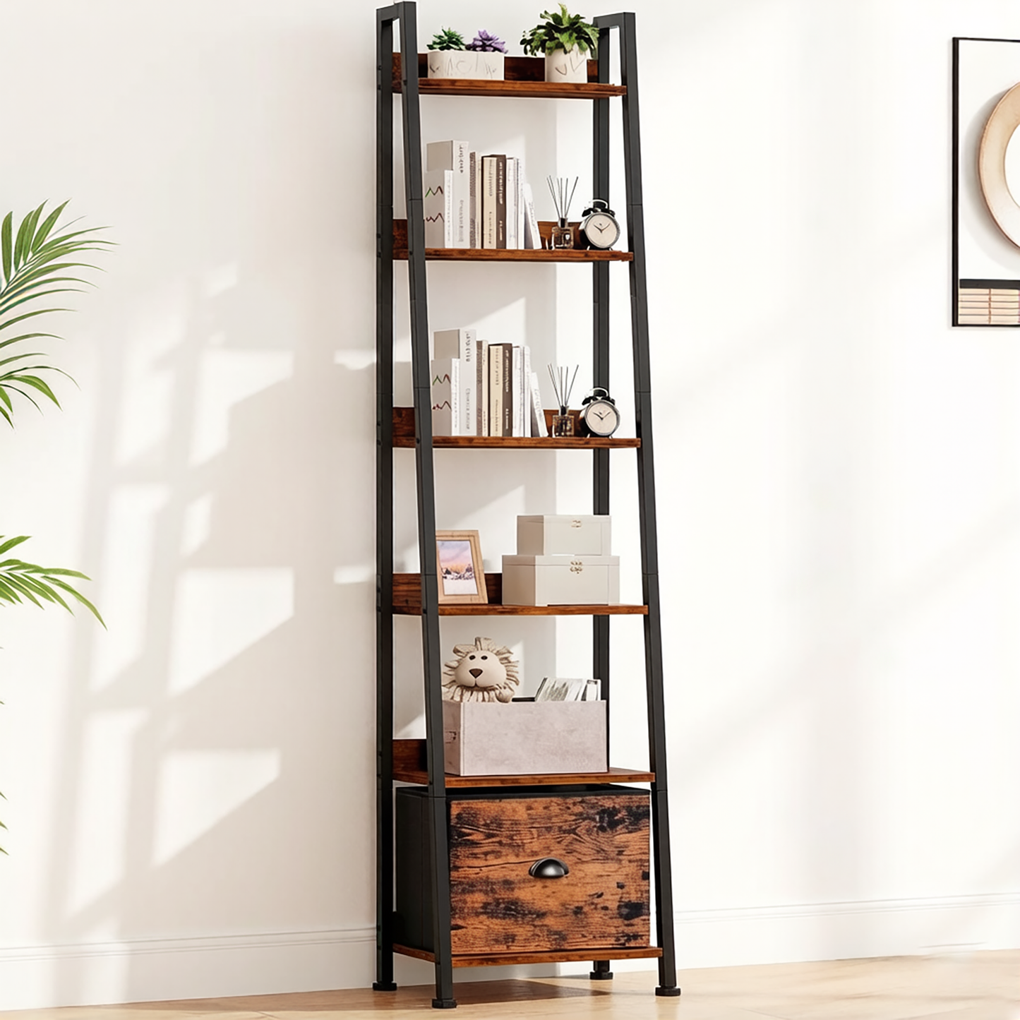Tydimor 6-Tier Leaning Ladder Bookshelf with Foldable Fabric Drawer, Rustic Brown Leaning Bookcase with Adjustable Foot, Storage Shelves for Home Office Living Room Bedroom