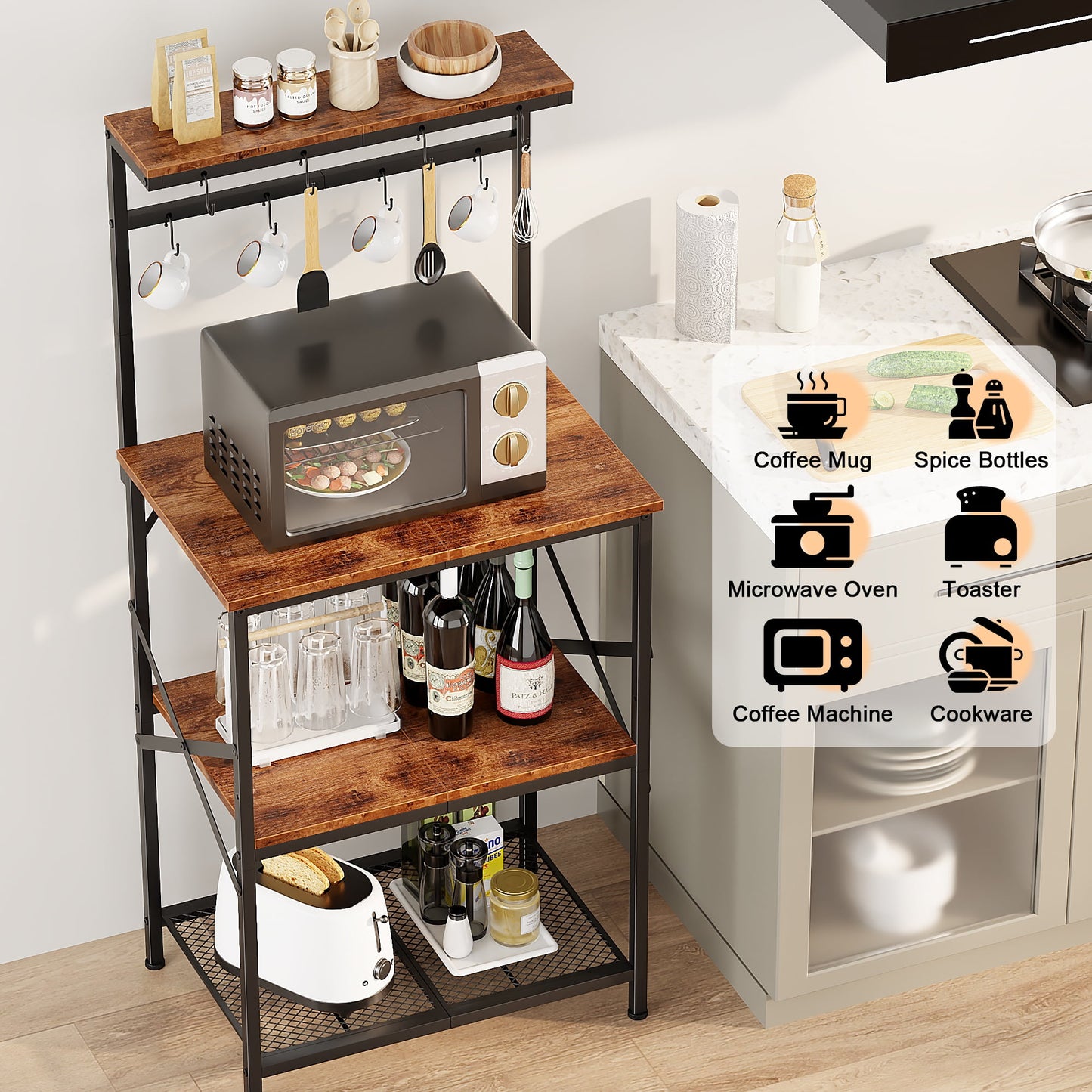 TYDIMOR Baker's Rack with Hutch, Microwave Stand Kitchen Organizer 4 Tier Storage Shelf for Kitchen Home Office