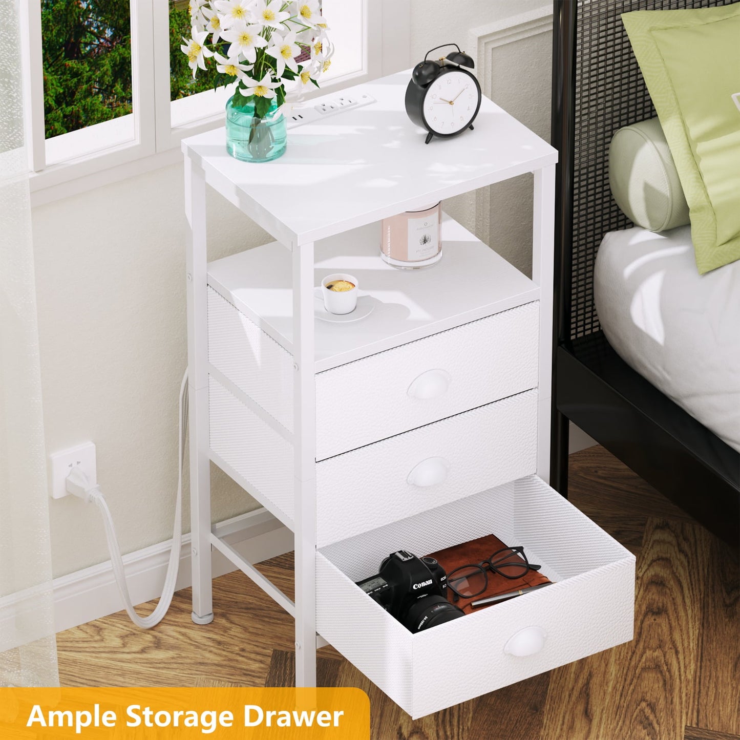 Satifur Night Stand with Charging Station,LED Nightstand with USB Ports and Outlets,Fabric Drawers Bed Side Table,White