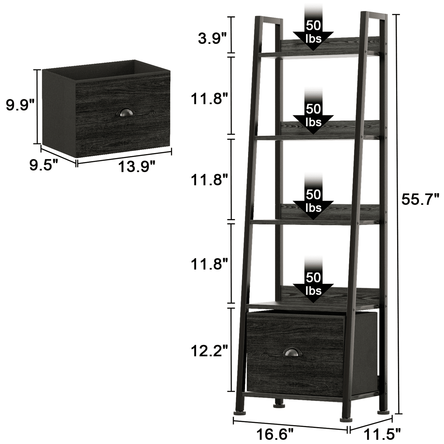 Tydimor 5-Tier Ladder Bookshelf With Drawer, Leaning Bookcase Storage Display Shelf, Black Oak