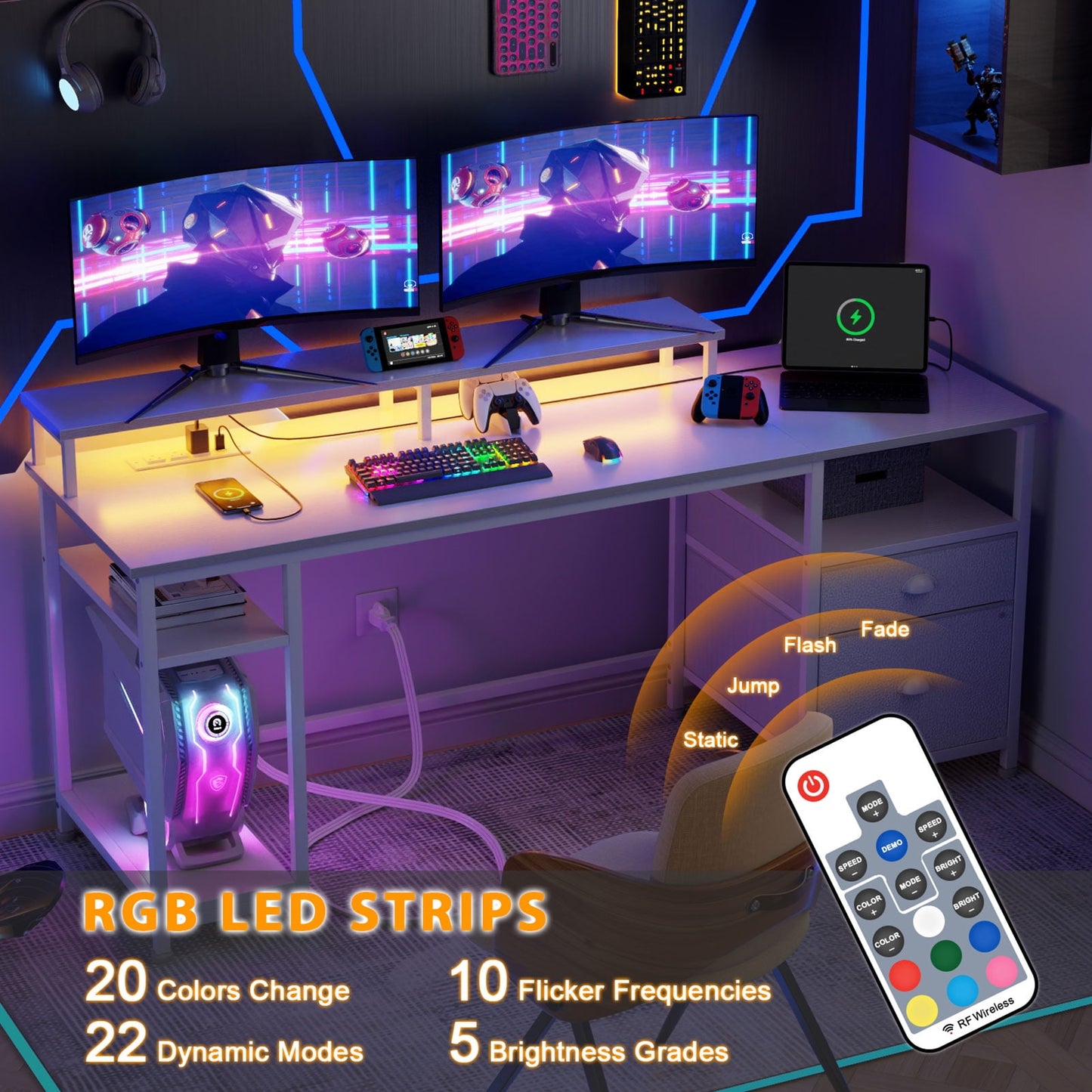 Furologee Gaming Desk with LED Light & Power Outlets, Reversible Computer Desk with File Cabinet & Drawer, White Writing Table with Dual Monitor Stand for Home/Office