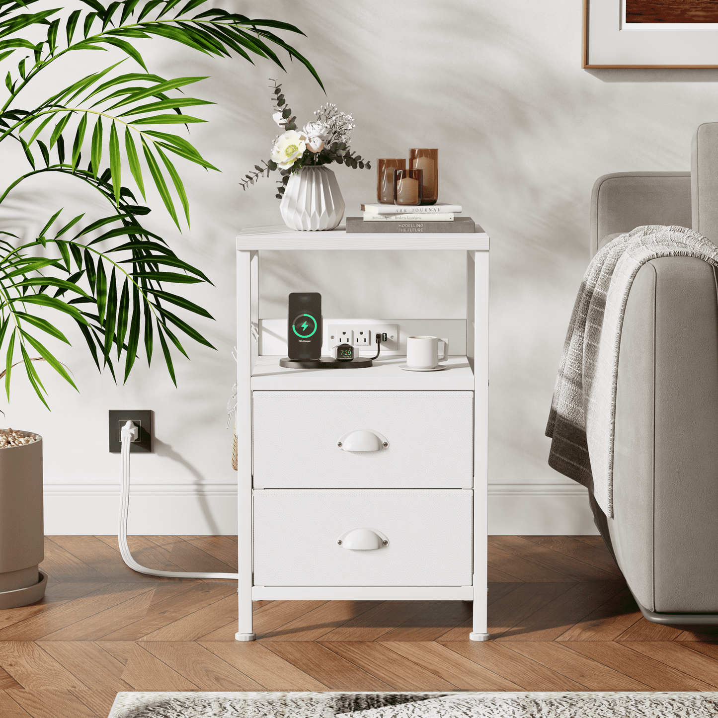 Satifur Nightstand with Charging Station, Bedside End Table with Fabric Drawers,Outlets & USB Ports, White