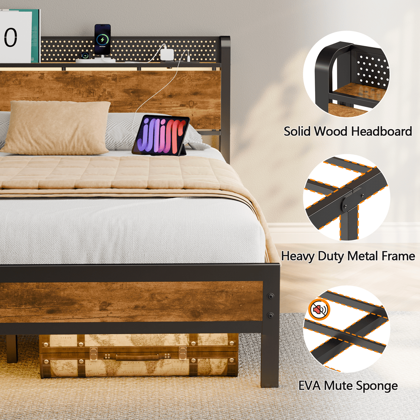 Tydimor Full RGB LED Strip Platforrm Bed Frames with Headboard Metal, Storage Shelves & Underbed, Niose Free, No Box Spring Needed