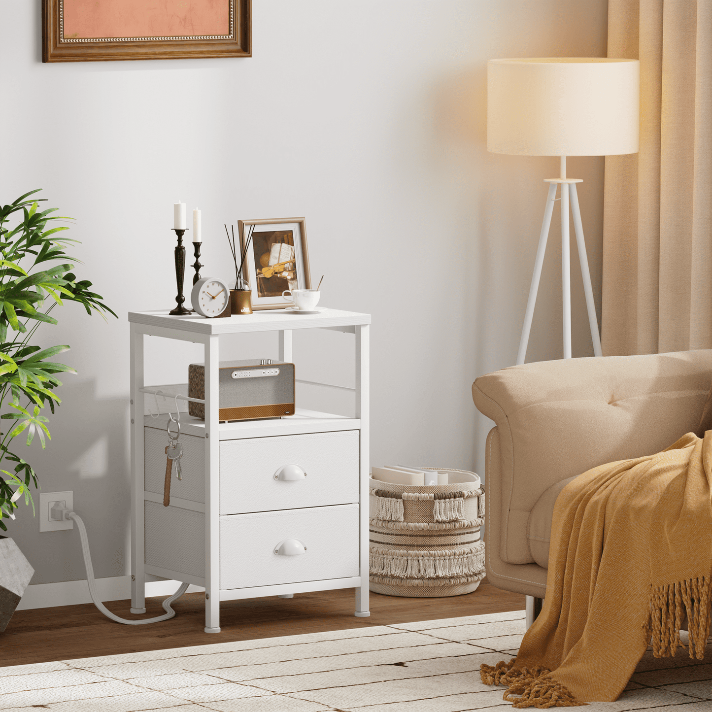 Satifur Nightstand with Charging Station, Bedside End Table with Fabric Drawers,Outlets & USB Ports, White