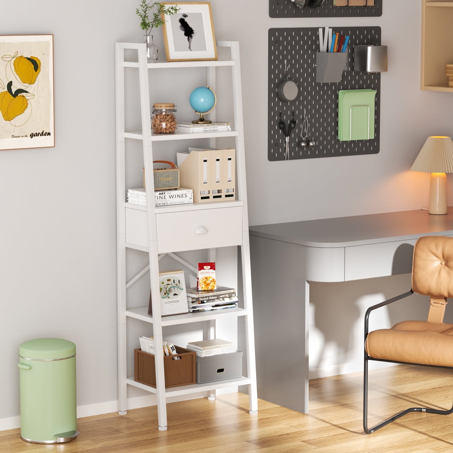 Tydimor 5-Tier 59.5" Ladder Bookshelf with Removable Drawers Narrow Bookcase for Living Room,White
