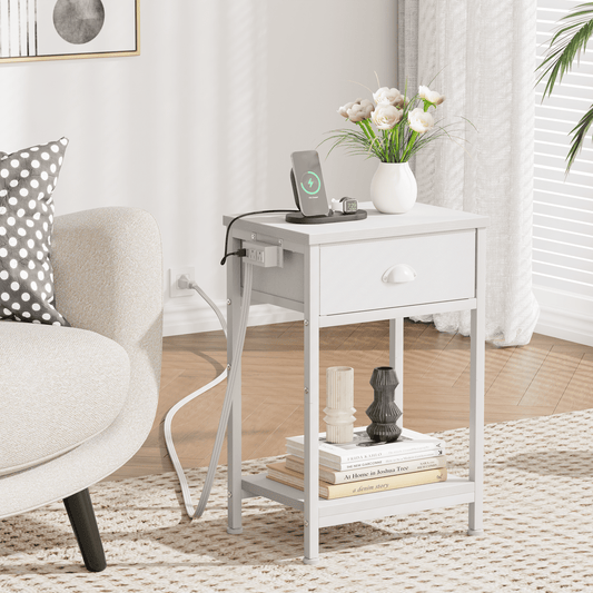 Satifur Set of 2 Nightstand with Charging Station for Bedroom,Side End Table with Outlets & USB Ports,White