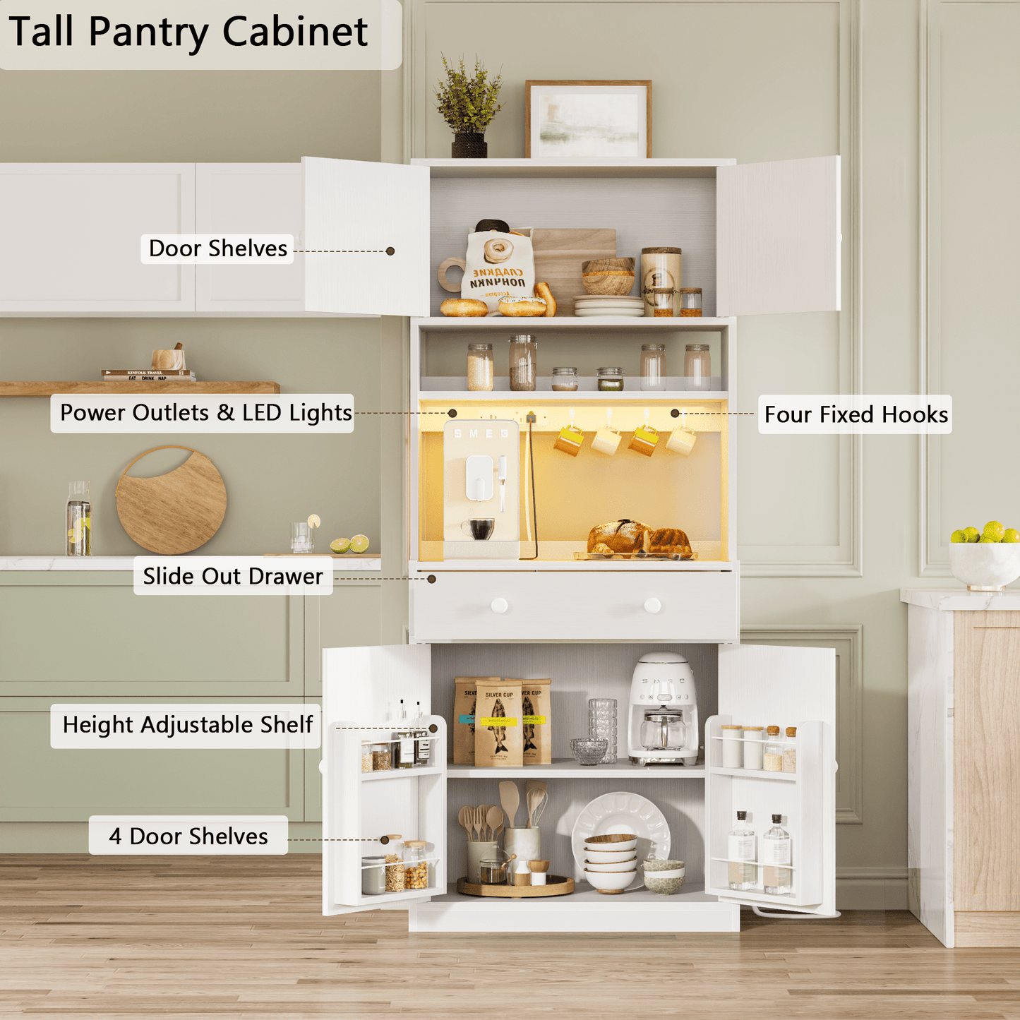 Hexmn 72" Kitchen Pantry Storage Cabinet with Doors & Shelves, Wood Buffet Cabinet with Microwave Stand, Tall Hutch Cabinet for Dining Room, White