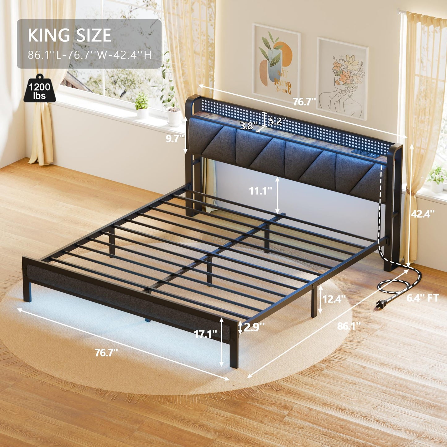 Tydimor Full Size Metal Smart Bed Frames with Upholstered Headboard, LED Lights, USB Ports and Outlets, Storage Shelves & Underbed