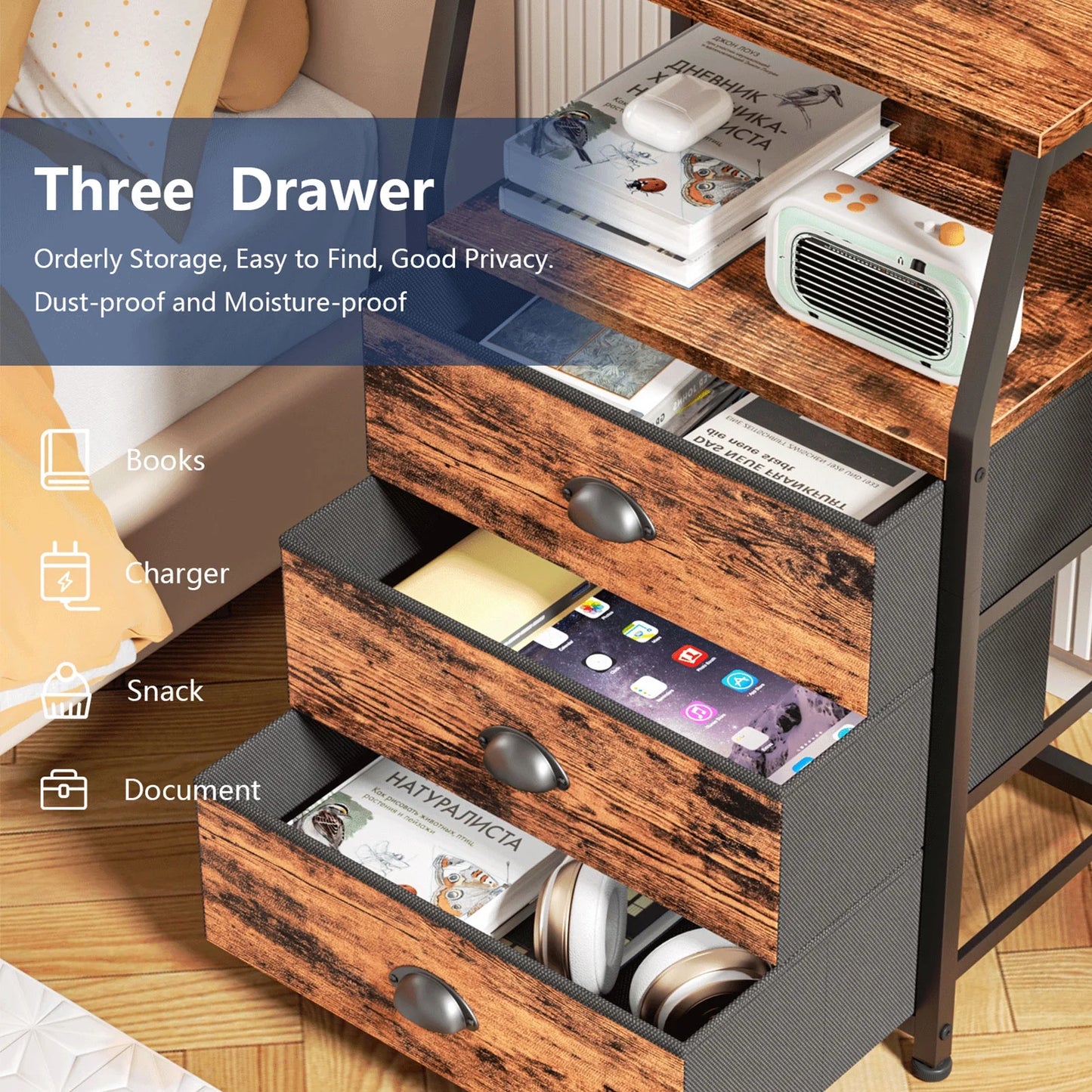 Tydimor Night Stand, Small Dresser 3 Drawer Storage Organizer Furniture for Bedroom, Brown, Adults