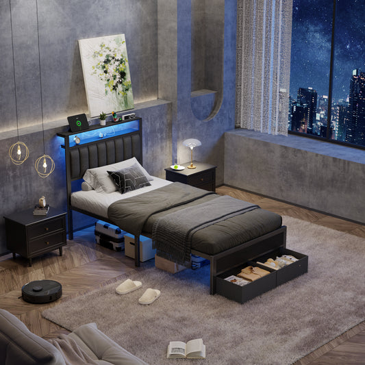 Satifur Twin Bed Frame with 2 Drawers & Storage Headboard, Platform Metal Bed with 2 USB Ports and Outlets, No Box Spring Needed