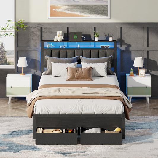 Tydimor Full Bed Frame with 2 Drawers & Storage Headboard, Platform Metal Bed with 2 USB Ports and Outlets, No Box Spring Needed