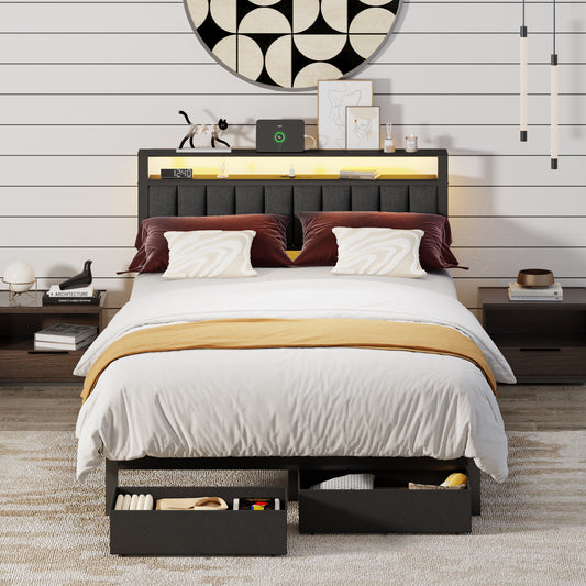 Satifur Queenl Bed Frame with 2 Drawers & Storage Headboard, Platform Metal Bed with 2 USB Ports and Outlets, No Box Spring Needed