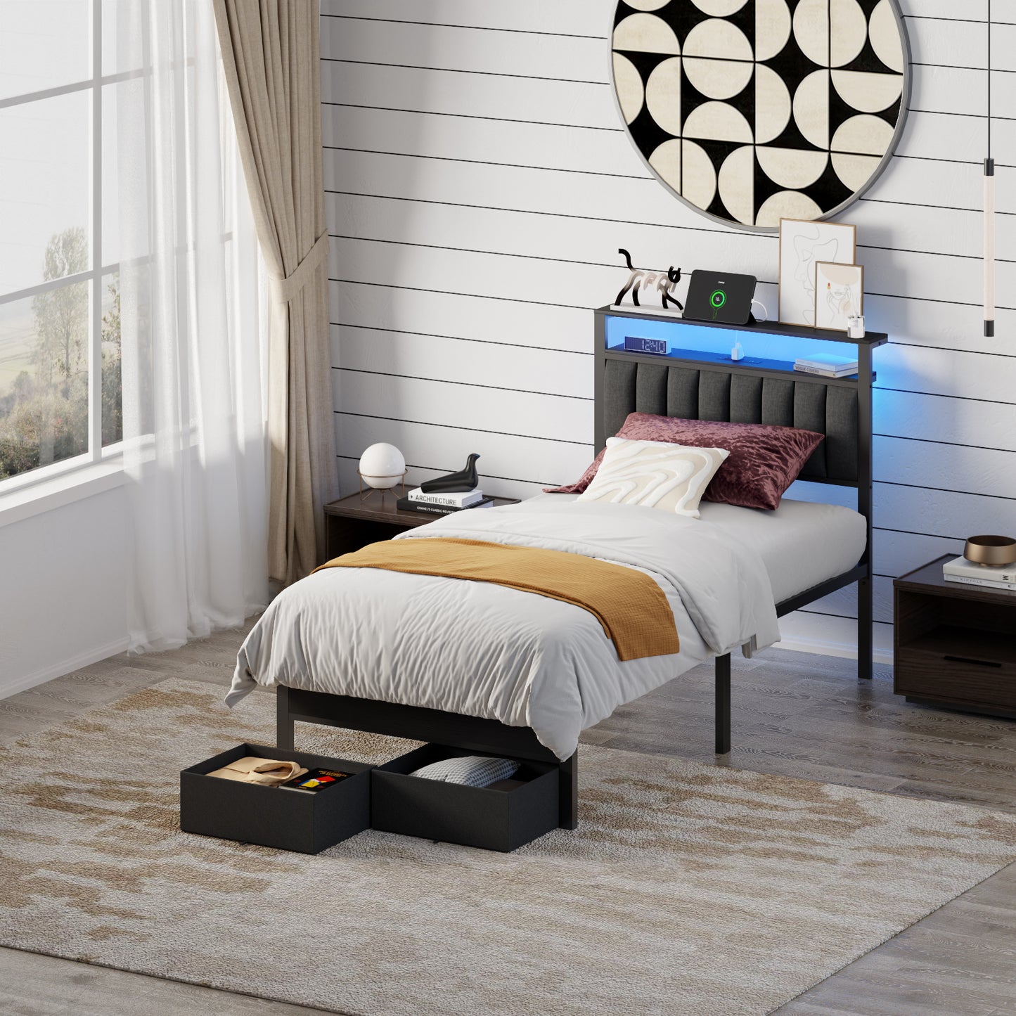 Satifur Twin Bed Frame with 2 Drawers & Storage Headboard, Platform Metal Bed with 2 USB Ports and Outlets, No Box Spring Needed