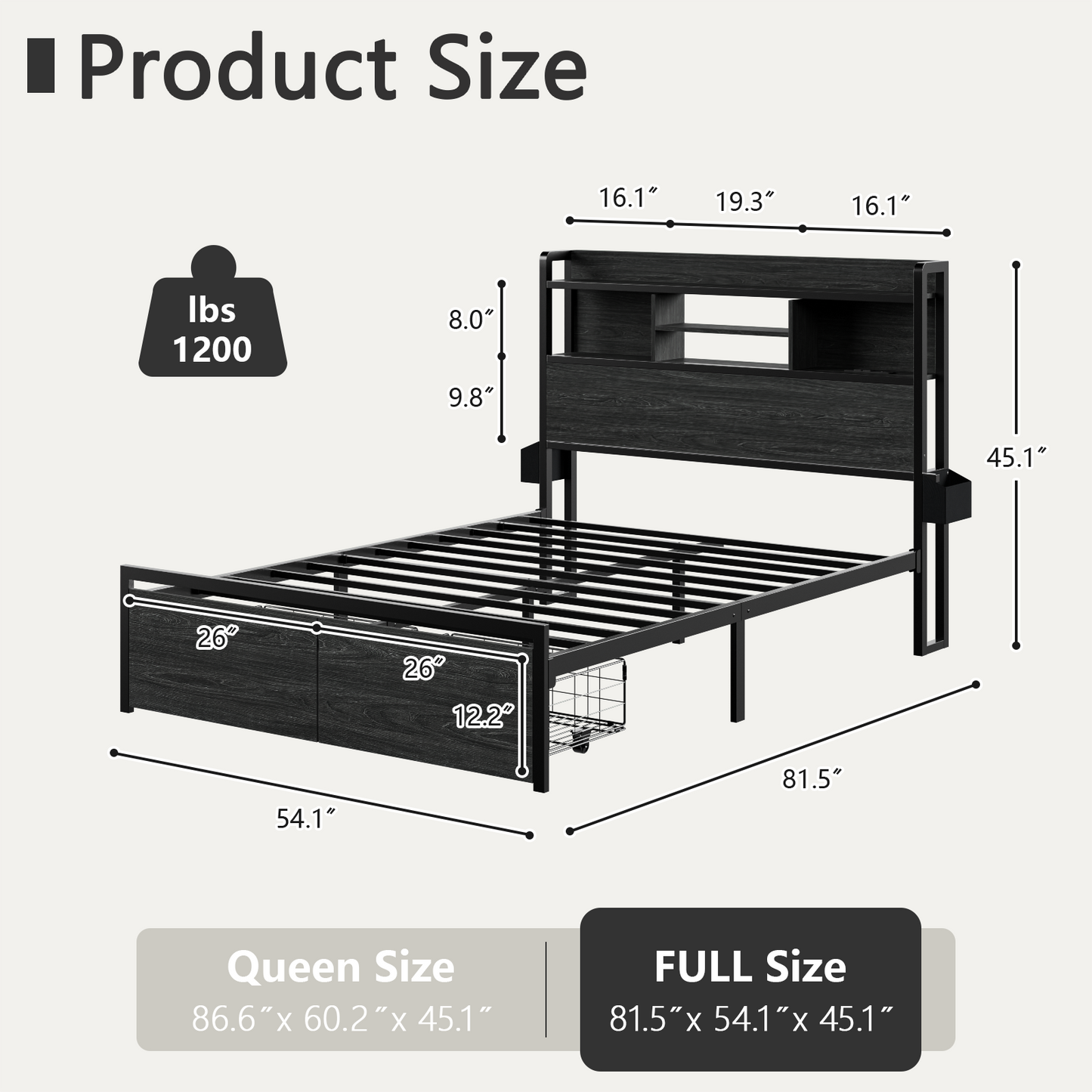 Tydimor Electric Bed Frames Full No Box Spring Needed with Charging Station & Storage Drawers, Black Oak