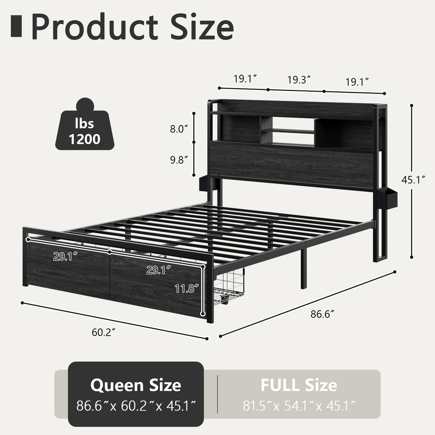 Tydimor Queen Size LED Metal Bed Frames Built-In Charging, Platforrm Storage Bed Frames Under-bed Storage and Noise Free Design