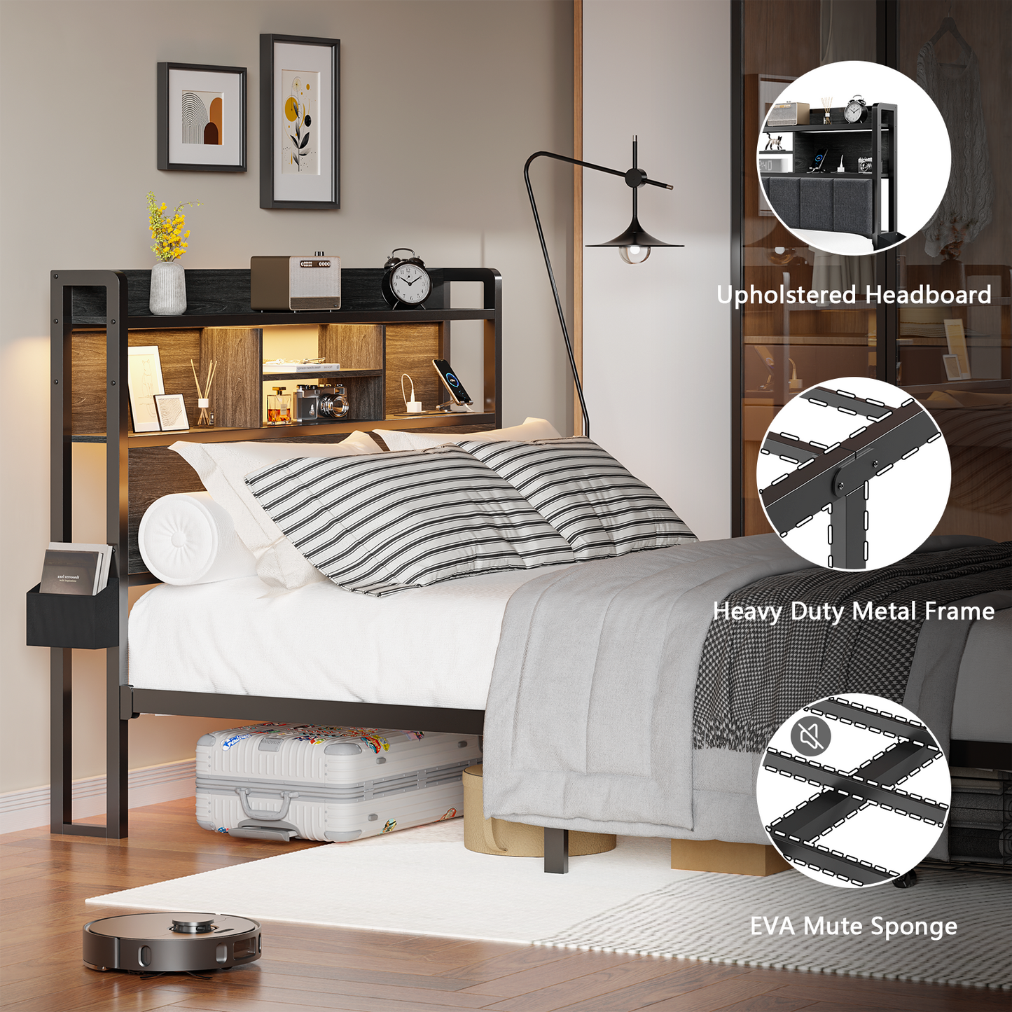 Tydimor Queen Size LED Metal Bed Frames Built-In Charging, Platforrm Storage Bed Frames Under-bed Storage and Noise Free Design