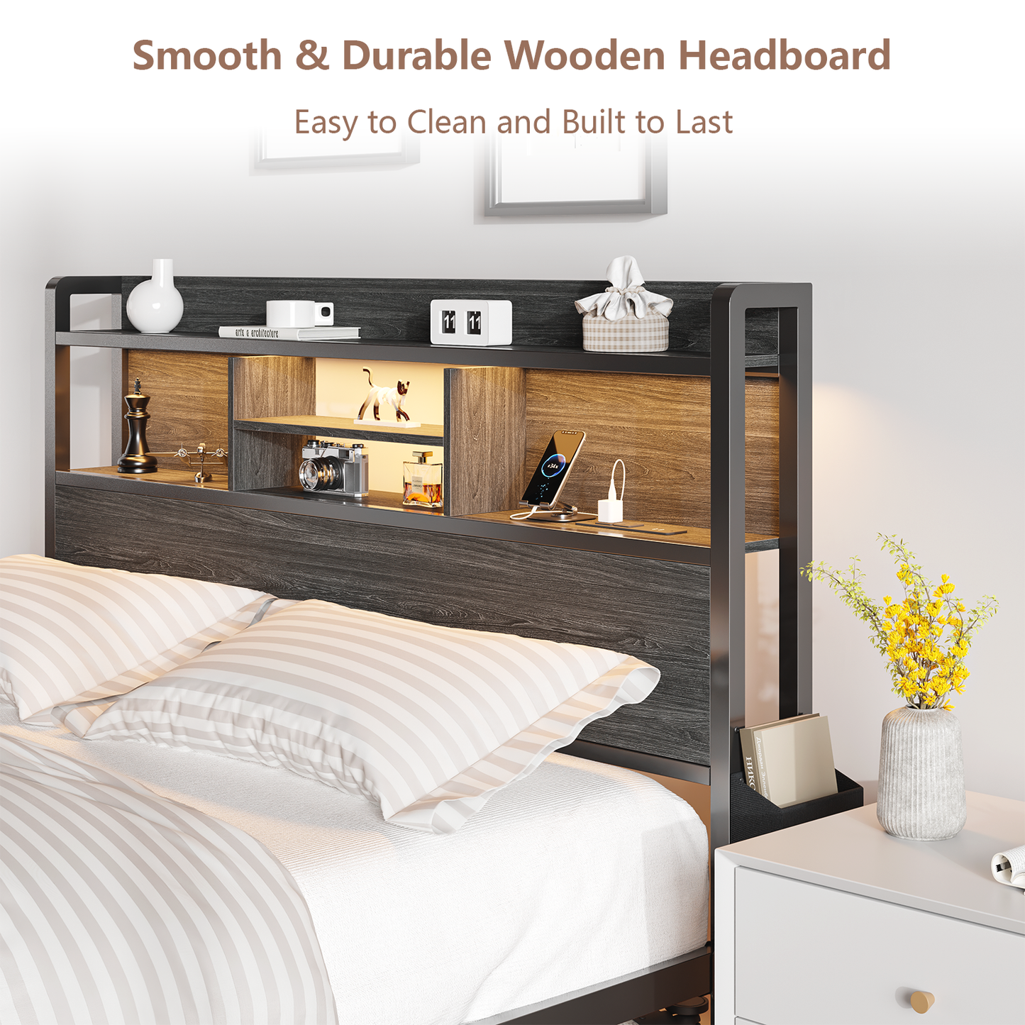 Tydimor Queen Size LED Metal Bed Frames Built-In Charging, Platforrm Storage Bed Frames Under-bed Storage and Noise Free Design