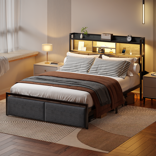 Tydimor Fabric Upholstered Smart Gaming Bed Frames Full Size with Storage Drawers, USB Ports and Outlets, No Box Spring Needed